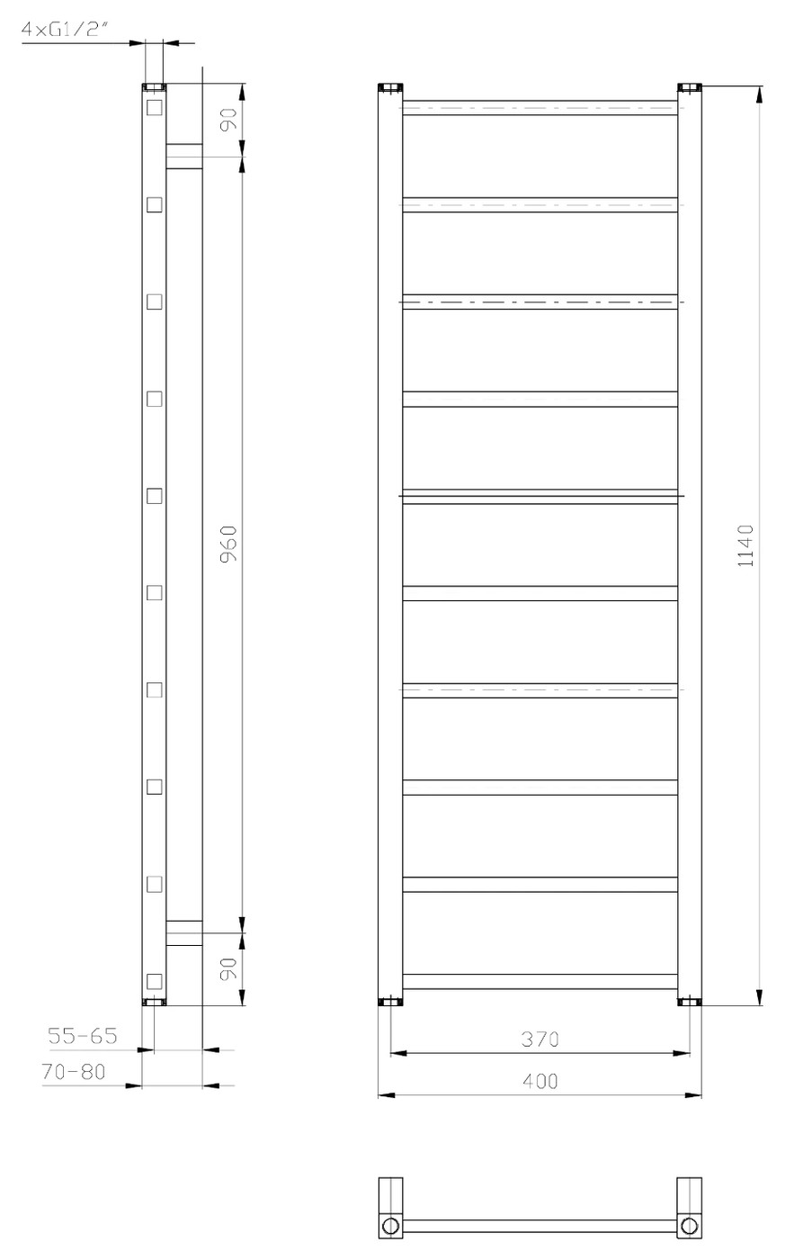 Sapho METRO LIGHT fürdőszobai radiátor, 400x1140 mm, 247 W, fehér (IR445T) – műszaki rajz