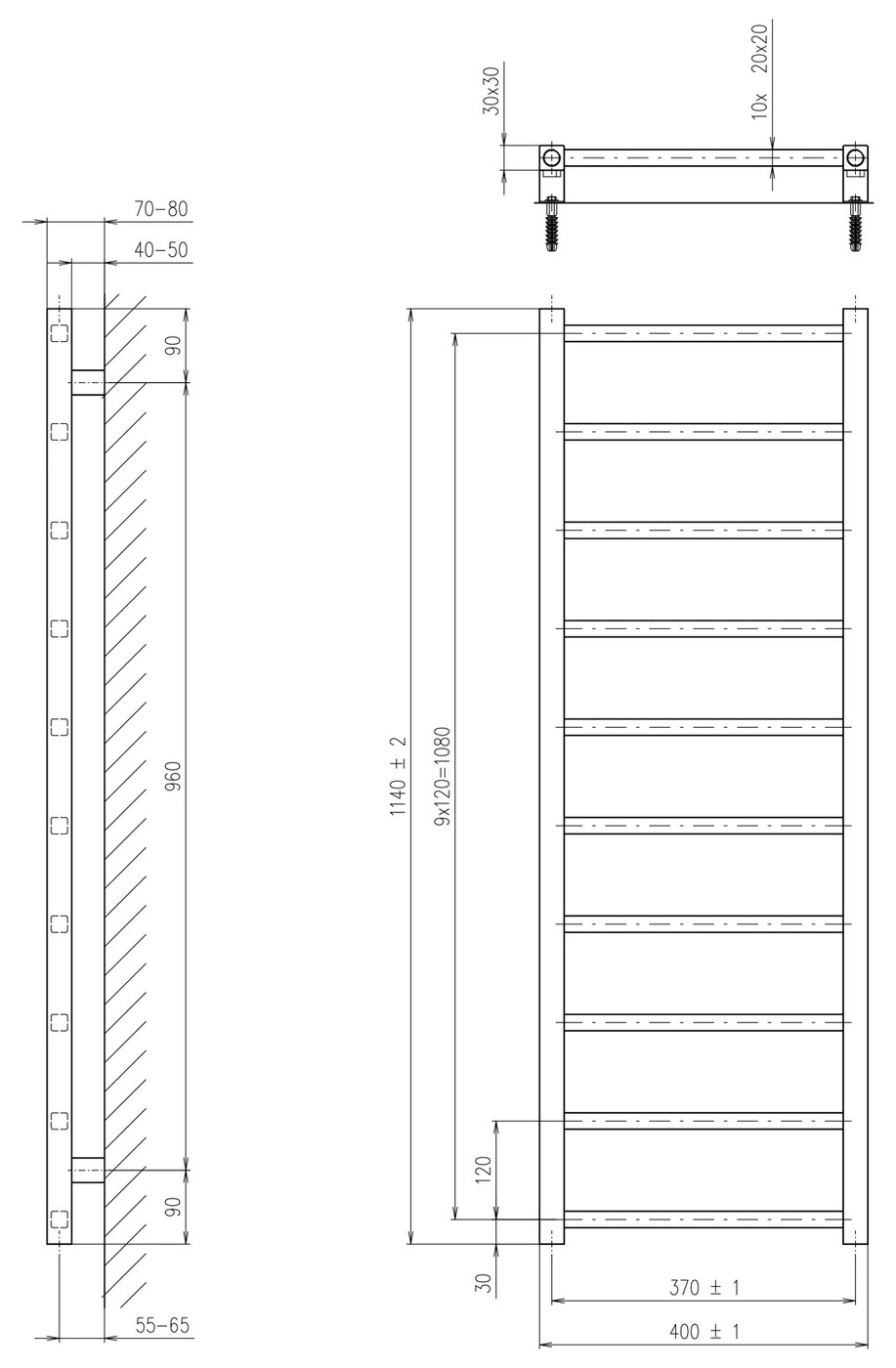 Sapho METRO LIGHT fürdőszobai radiátor, 400x1140 mm, 247 W, króm (IR445R) – műszaki rajz