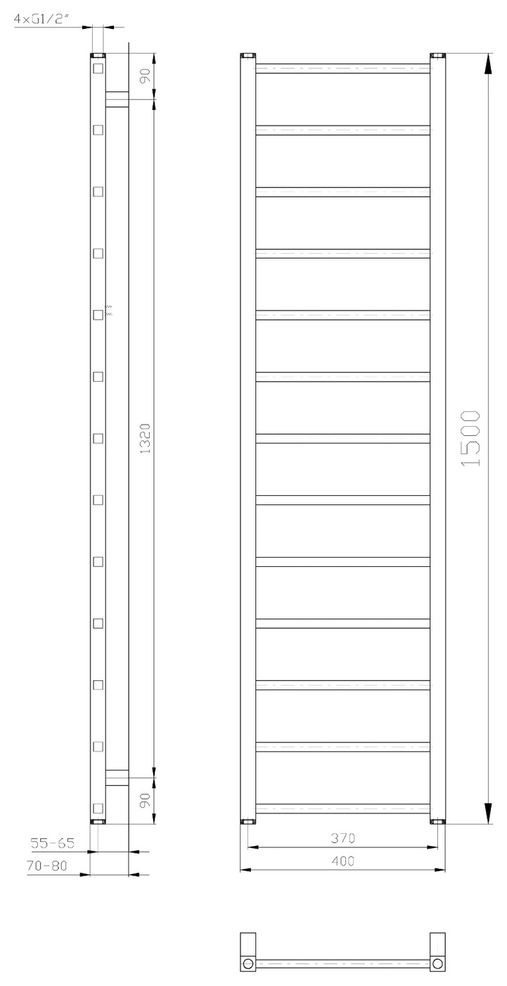 Sapho METRO LIGHT fürdőszobai radiátor, 400x1500 mm, 323 W, fehér (IR447T) – műszaki rajz