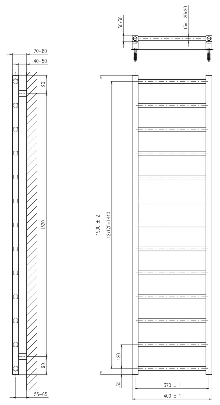Sapho METRO LIGHT fürdőszobai radiátor, 400x1500 mm, 323 W, króm (IR447R) – műszaki rajz