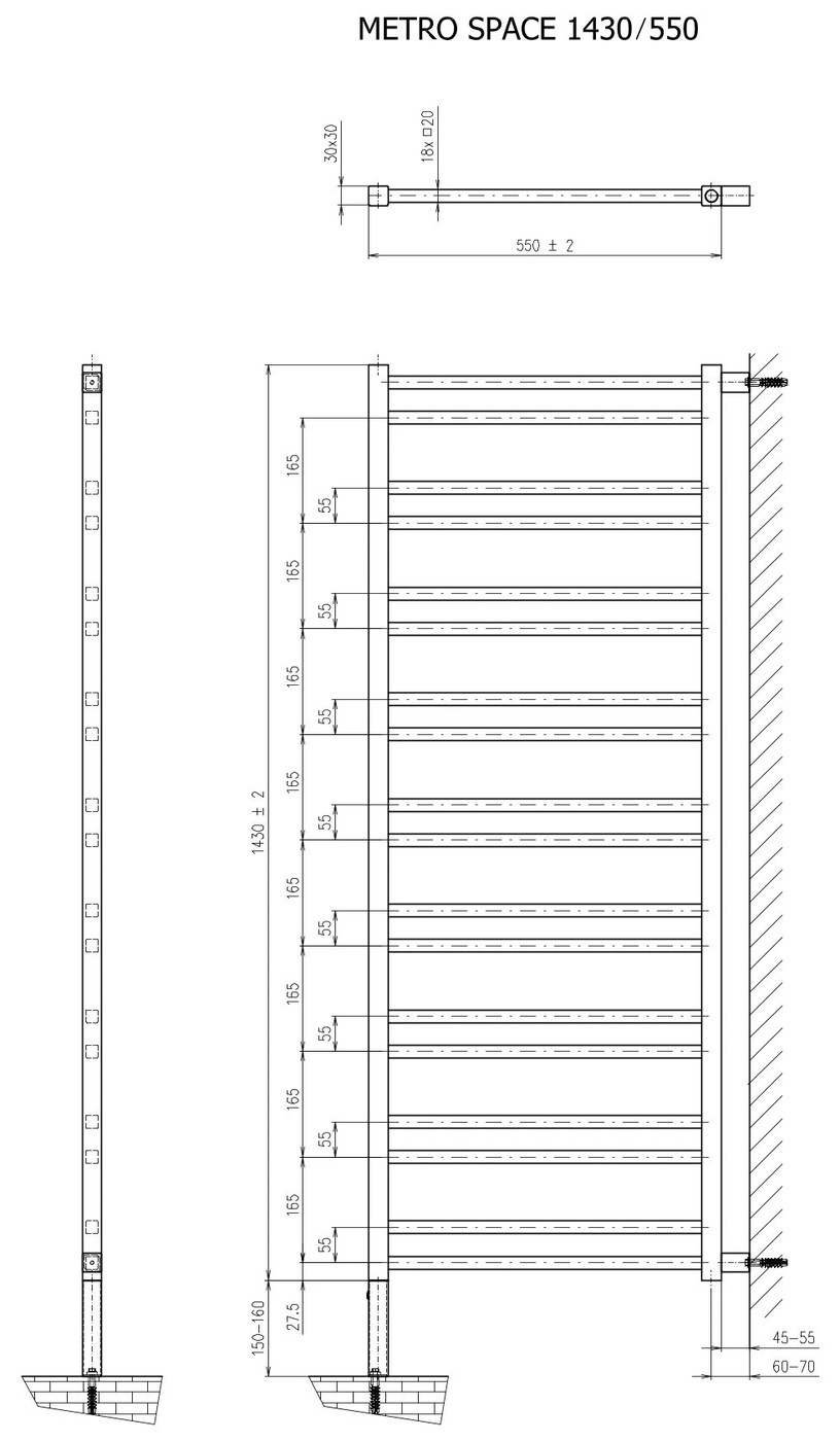 Sapho METRO SPACE radiátor, 550x1430 mm, 525 W, matt fekete (IR438B) – műszaki rajz