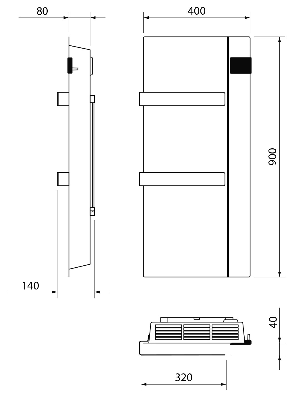 Sapho ONSEN EVO elektromos fürdőszobai radiátor, 400x900 mm, 1000 W, fehér (ONS10001) – műszaki rajz