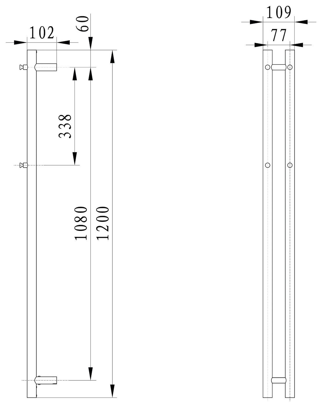 Sapho PAPINADO elektromos törölköző szárító radiátor, 109x1200 mm, 40 W, matt réz (ER740PG) – műszaki rajz