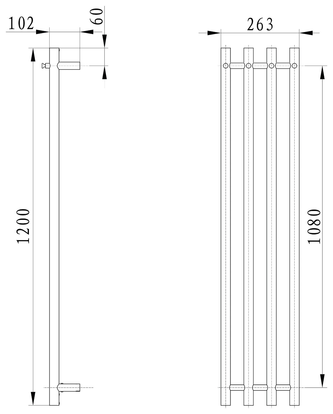 Sapho PAPINADO elektromos törölköző szárító radiátor, 263x1200 mm, 85 W, króm (ER750) – műszaki rajz
