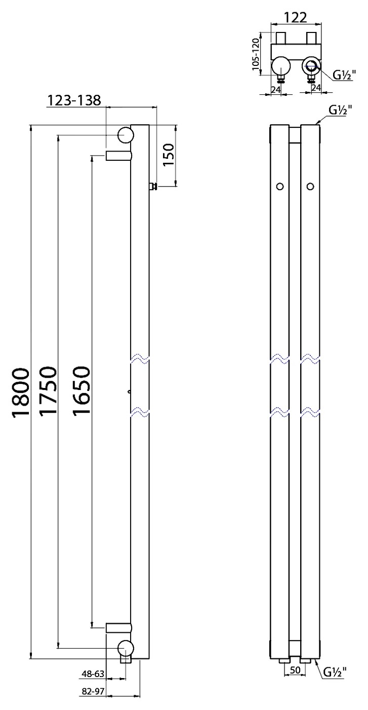 Sapho PILON fürdőszobai radiátor, 122x1800 mm, 194 W, króm (IZ123T) – műszaki rajz