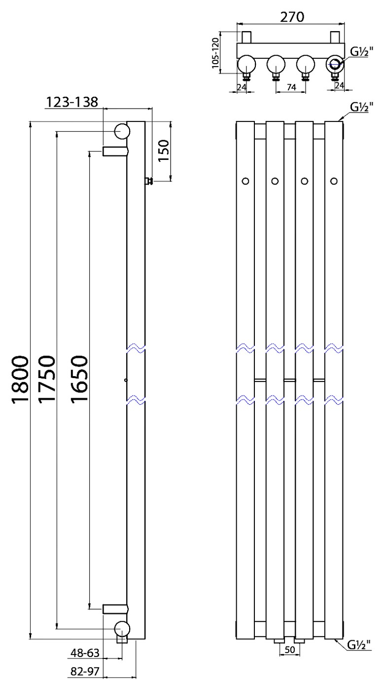 Sapho PILON fürdőszobai radiátor, 270x1800 mm, 583 W, matt fehér – műszaki rajz