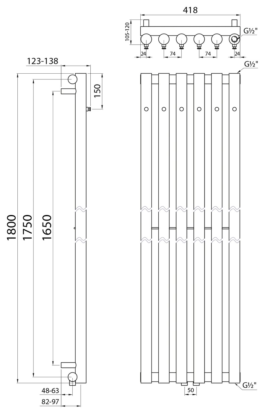 Sapho PILON fürdőszobai radiátor, 6 fogassal, 418x1800 mm, 582 W, króm (IZ130T) – műszaki rajz