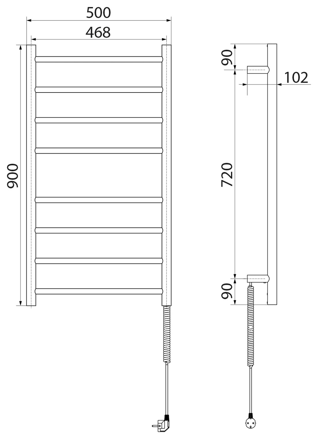 Sapho REDONDO elektromos törölköző szárító radiátor, 500x900 mm, 75 W, polírozott inox (ER220V) – műszaki rajz