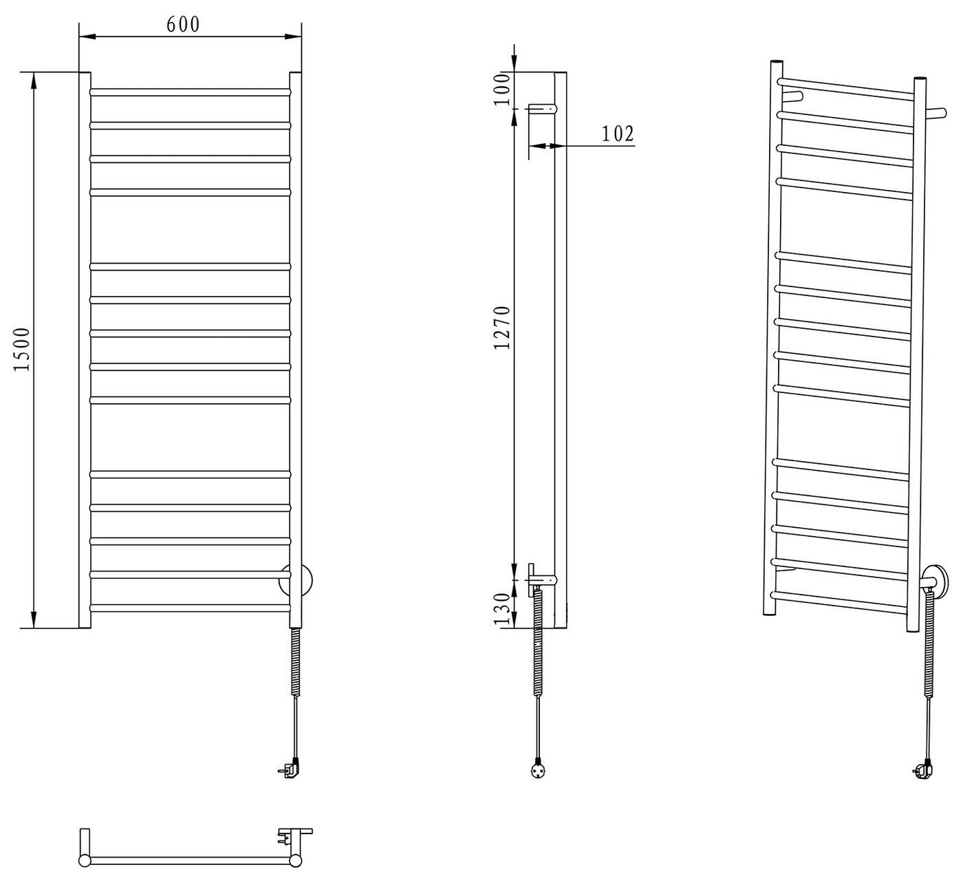 Sapho REDONDO elektromos törölköző szárító radiátor, 600x1500x102 mm, 130 W, polírozott inox (ER250V) – műszaki rajz