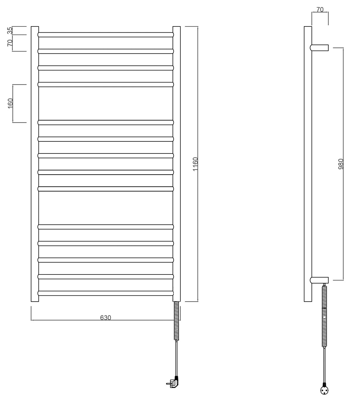 Sapho REDONDO elektromos törölköző szárító radiátor, 630x1160 mm, 130 W, fekete (ER230BV) – műszaki rajz