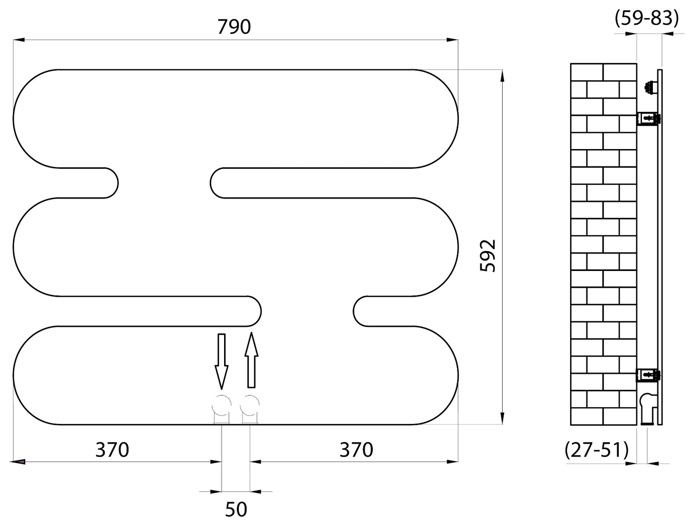 Sapho SAMILLA fürdőszobai radiátor, 790x592 mm, 426 W, matt fehér (MI6080) – műszaki rajz
