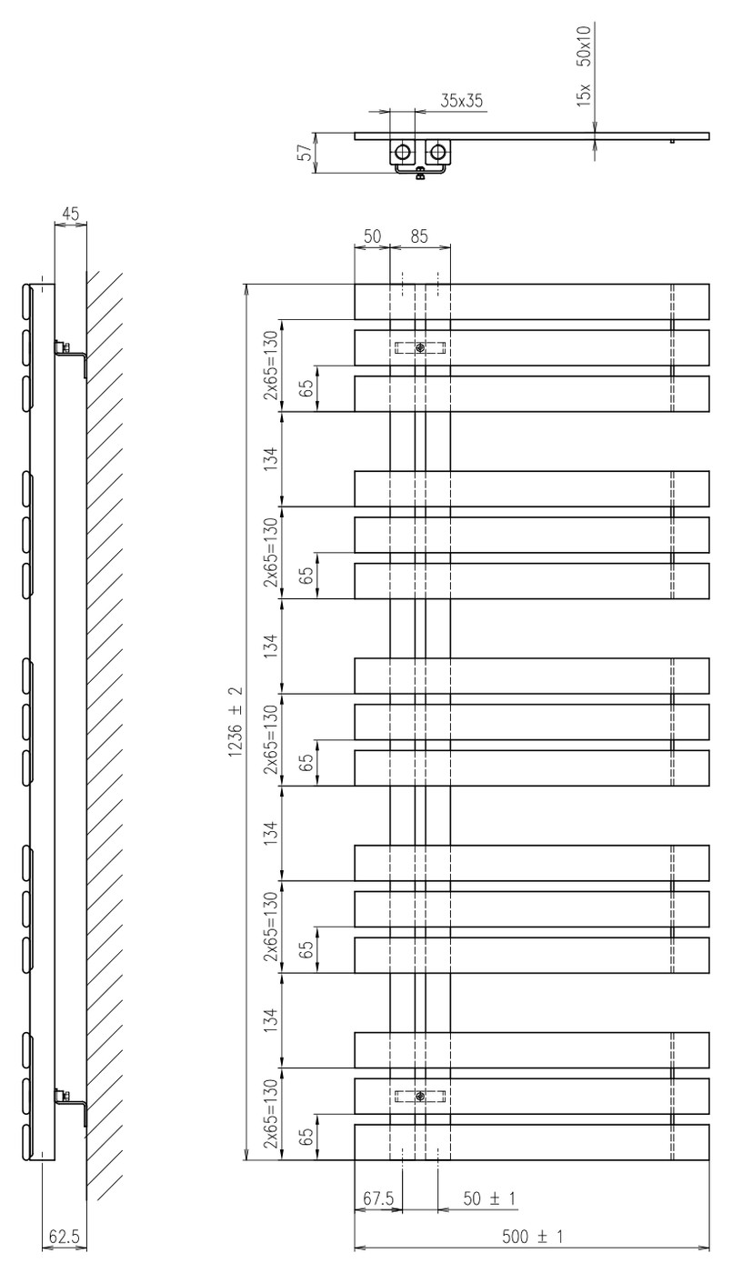 Sapho SILVANA fürdőszobai radiátor, 500x1236 mm, 561 W, metál ezüst – műszaki rajz