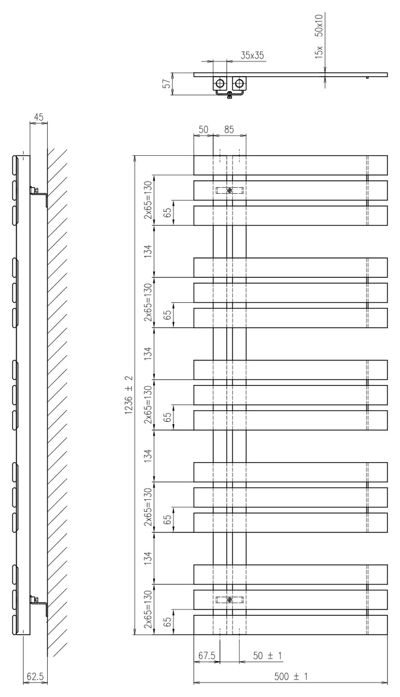 Sapho SILVANA fürdőszobai radiátor, 500x1236 mm, 561 W, bézs – műszaki rajz