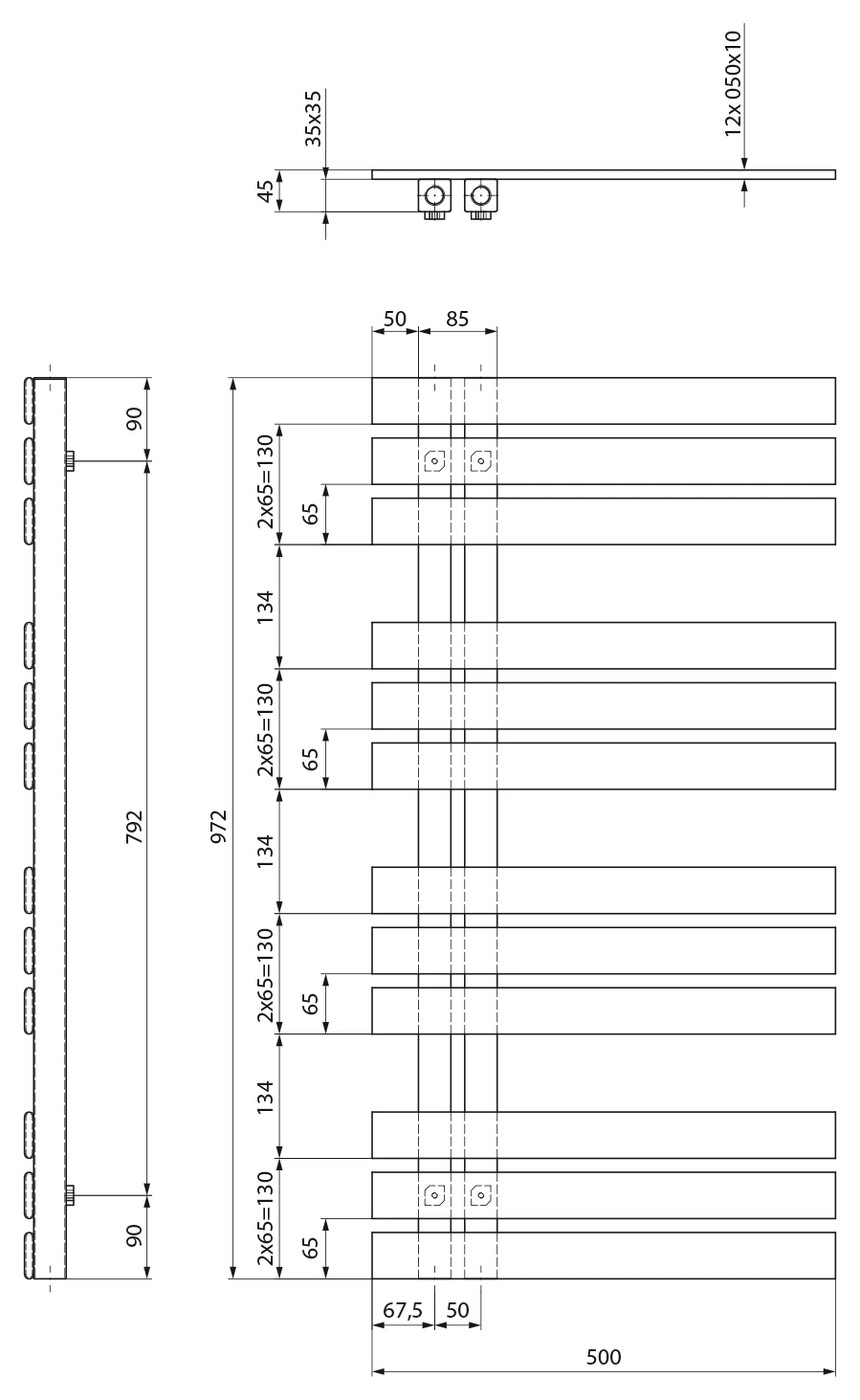 Sapho SILVANA fürdőszobai radiátor, 500x972 mm, 395 W, fehér (IR164W) – műszaki rajz