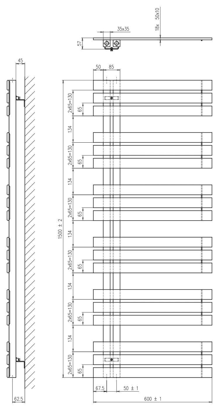 Sapho SILVANA fürdőszobai radiátor, 600x1500 mm, 771 W, matt siena (IR156S) – műszaki rajz