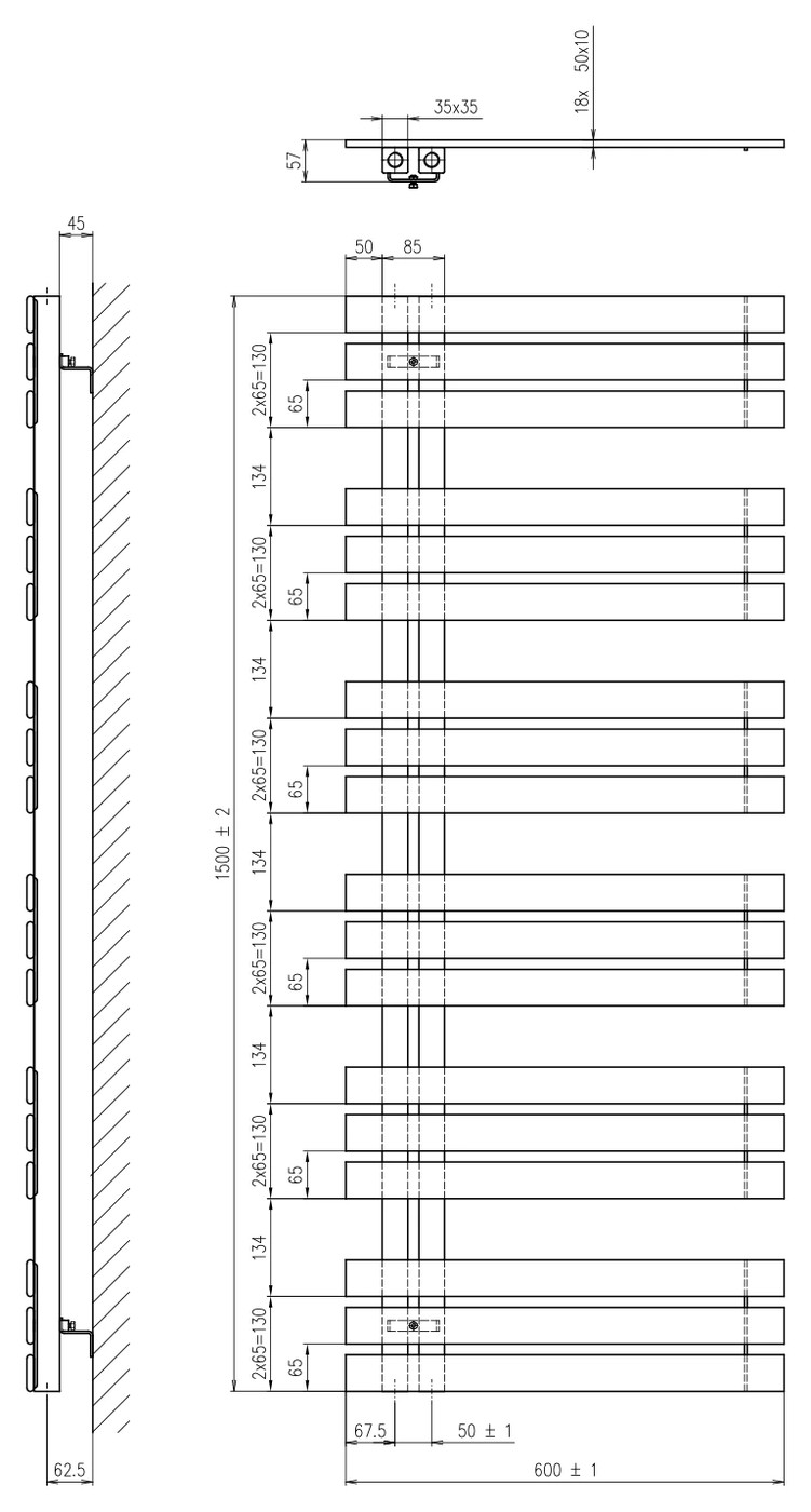 Sapho SILVANA fürdőszobai radiátor, 600x1500 mm, 680 W, fehér (IR163) – műszaki rajz