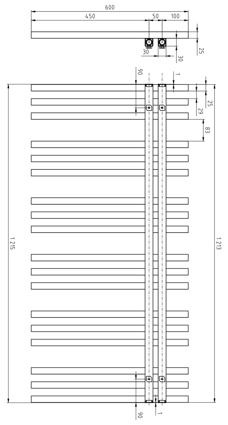 Sapho SOPHINA fürdőszobai radiátor, 600x1215 mm, 623 W, matt fehér (IR701W) – műszaki rajz