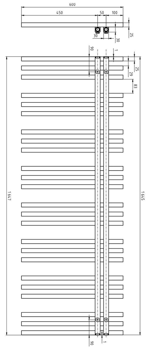 Sapho SOPHINA fürdőszobai radiátor, 600x1647 mm, 833 W, matt fehér (IR703W) – műszaki rajz