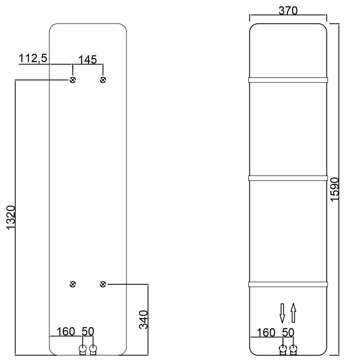 Sapho TABELLA fürdőszobai radiátor, 370x1590 mm, 550 W, matt fehér (MI1537) – műszaki rajz