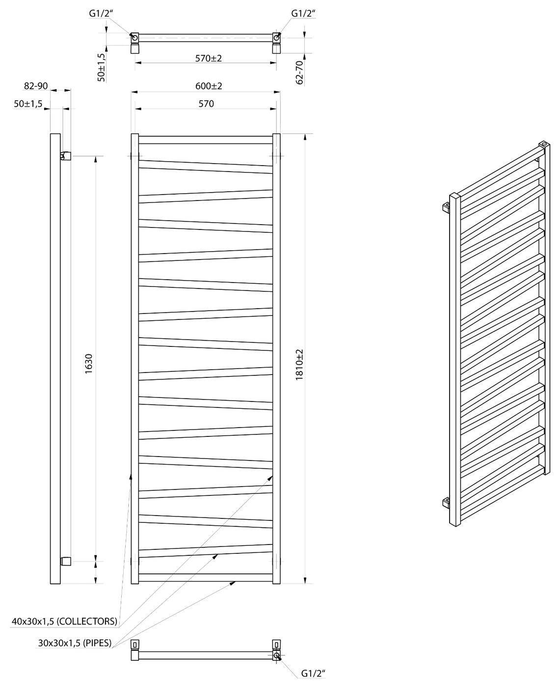 Sapho ZIG fürdőszobai radiátor, 600x1810 mm, 824 W, matt fekete (ZG619B) – műszaki rajz