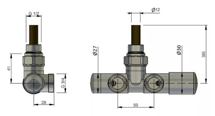 Arezzo SPEARPEX/UNICO lándzsás radiátorszelep 50 mm-es bekötéshez, fekete, jobbos – műszaki rajz