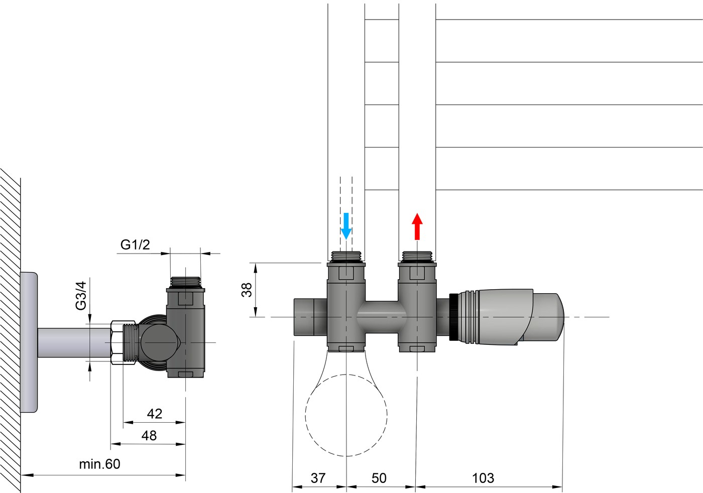 Bruckner WICHER COMBI csatlakozókészlet, termosztátos szeleppel, 50 mm, króm – műszaki rajz