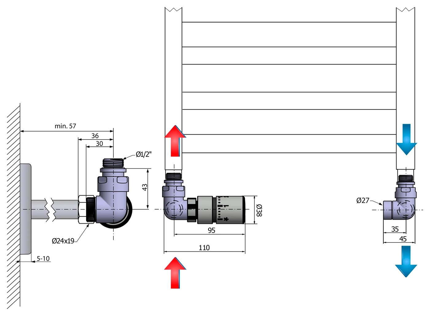 Sapho CORNER TERMO csatlakozó készlet radiátorhoz, szélső bekötéssel, termosztátos szeleppel, balos, króm (CP1011LS) – műszaki rajz