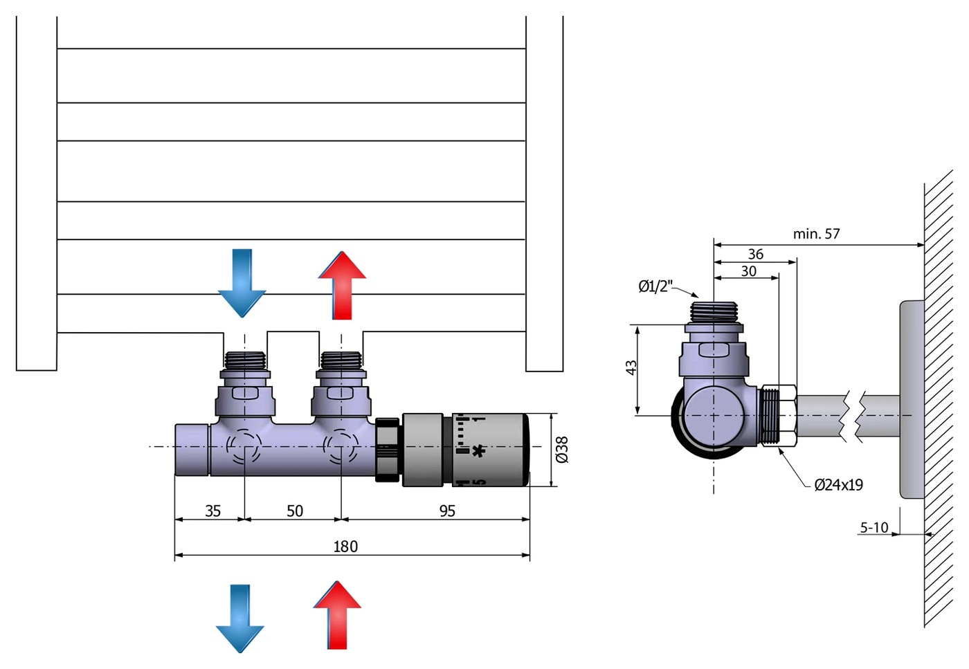 Sapho TWIN TERMO csatlakozó készlet radiátorhoz, jobbos, króm (CP3010S) – műszaki rajz