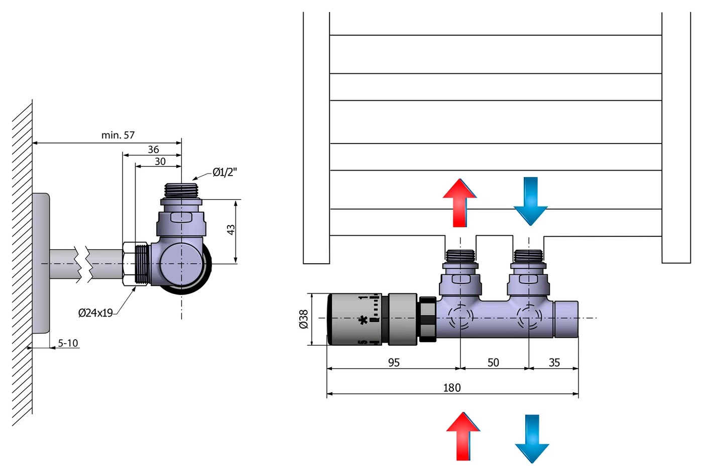Sapho TWIN TERMO csatlakozó készlet radiátorhoz, balos, króm (CP3012S) – műszaki rajz