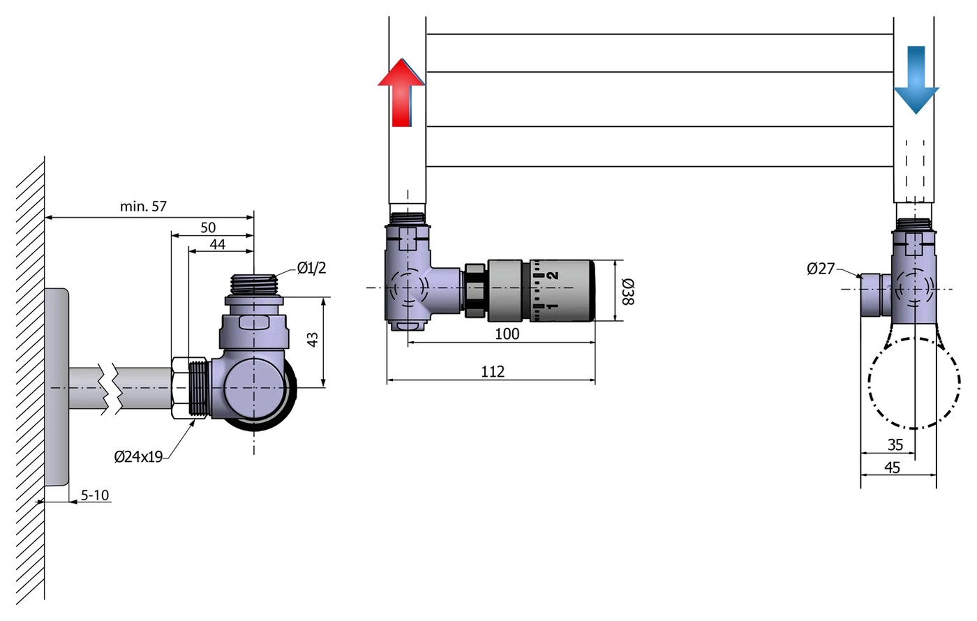 Sapho CORNER COMBI csatlakozó készlet, szélső bekötéssel, termosztátos szeleppel, balos, króm (CP3021S) – műszaki rajz