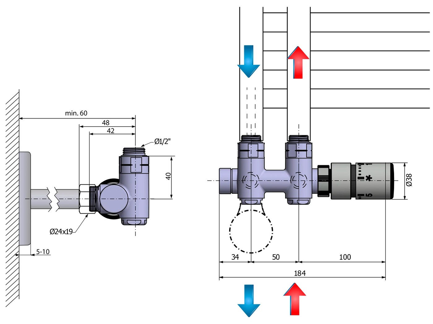 Sapho TWIN COMBI TERMO csatlakozó készlet radiátorhoz, jobbos, szálcsiszolt (CP5510S) – műszaki rajz