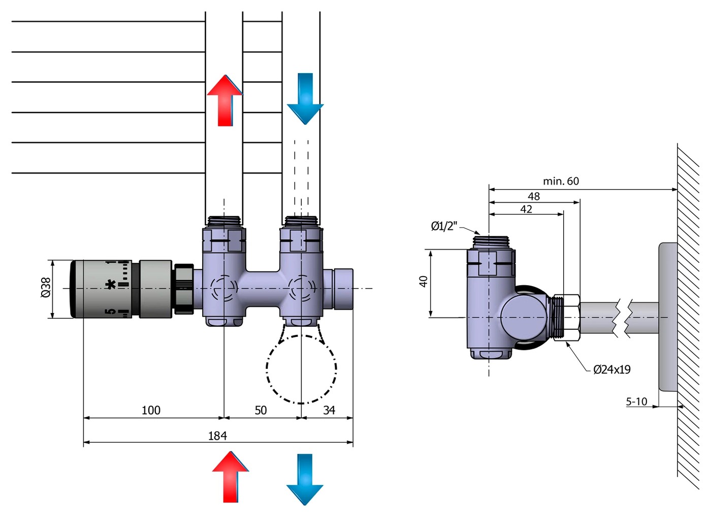 Sapho TWIN COMBI TERMO csatlakozó készlet radiátorhoz, balos, króm (CP5012S) – műszaki rajz