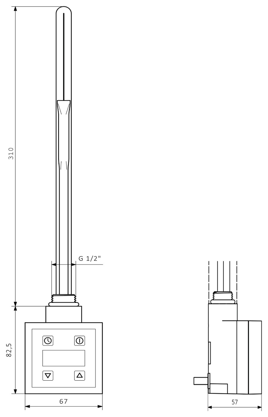 Sapho KTX elektromos termosztátos fűtőpatron, 300 W, matt fekete (KTX-B-300) – műszaki rajz
