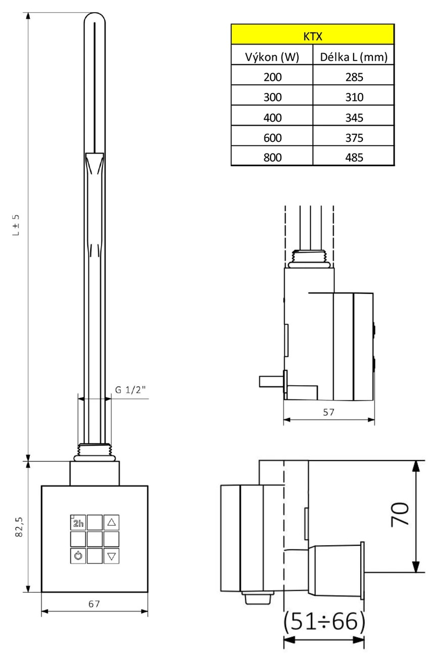 Sapho KTX WALL elektromos termosztátos fűtőpatron, 200 W, króm (KTX-CW-200) – műszaki rajz