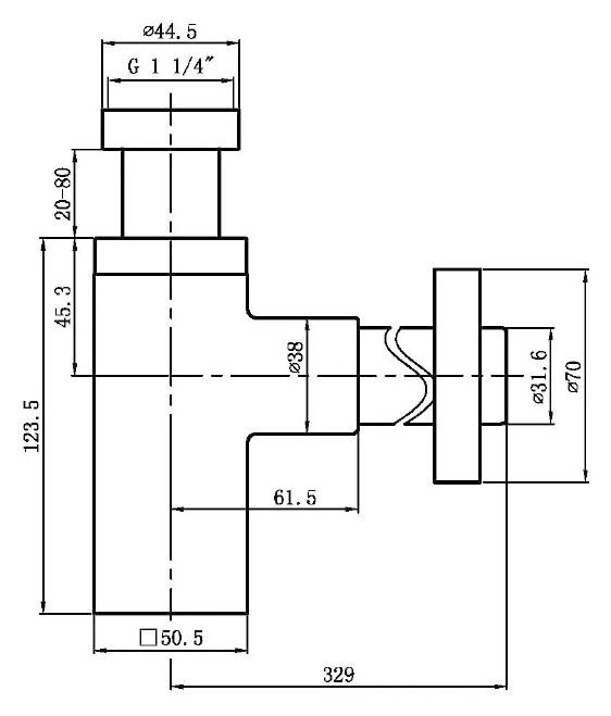 AQUALINE Mosdó szifon szorító anyával 1"1/4 - 32 mm, réz (CV1004) – műszaki rajz