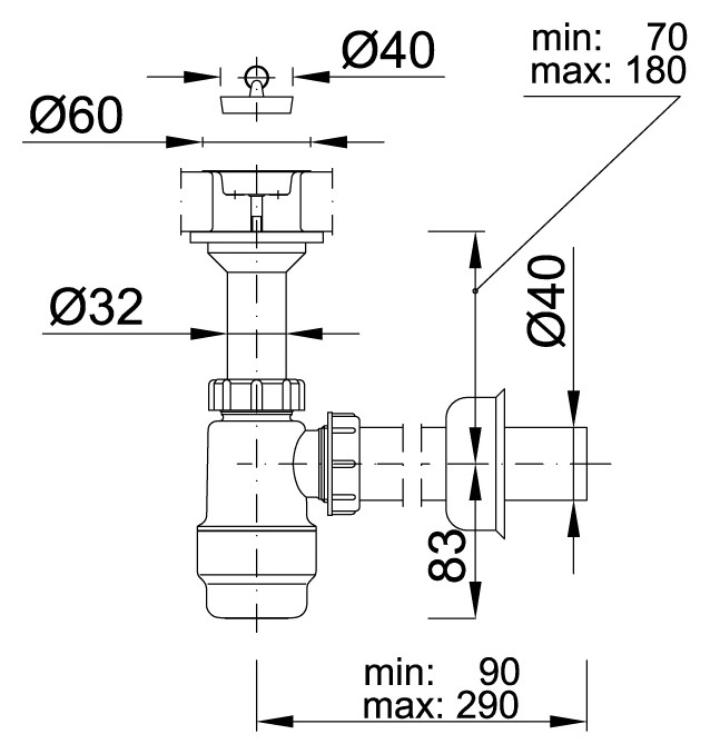 Mosdószifon, fix leeresztőszeleppel, 40 mm-es elfolyással – műszaki rajz