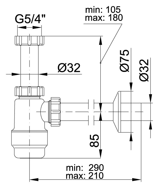 Styron mosdószifon leeresztőszelep nélkül, 32 mm-es elfolyással (STY-533-2) – műszaki rajz