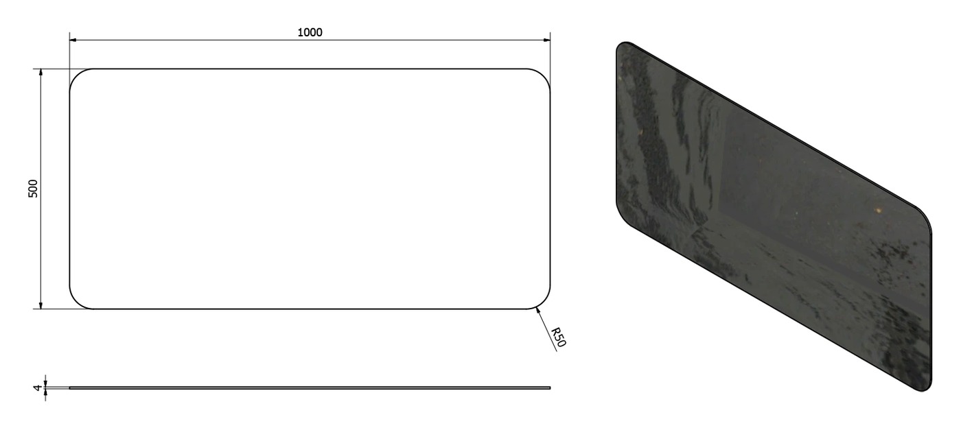 Sapho ISHAPE tükör, lekerekített sarkokkal, akasztó nélkül, 100x50 cm – műszaki rajz