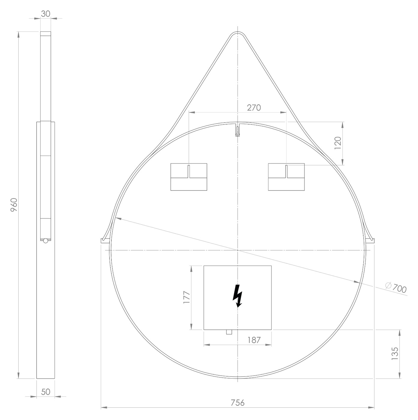 Sapho ORBITER kerek tükör LED világítással akasztóval, átm. 70 cm, matt fekete – műszaki rajz