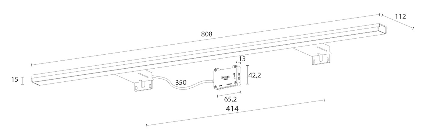 Sapho PANDORA LED világítás tükörhöz, 15 W, 230 V, 1270lm, IP44, 808x15x112 mm, króm – műszaki rajz