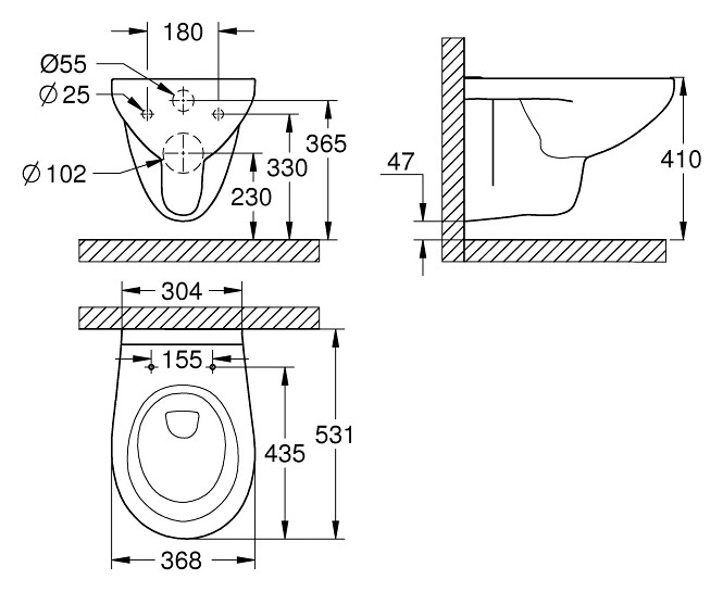 Grohe Bau Ceramic függesztett wc hátsó kifolyásu, mélyöblitéses, perem nélküli – műszaki rajz
