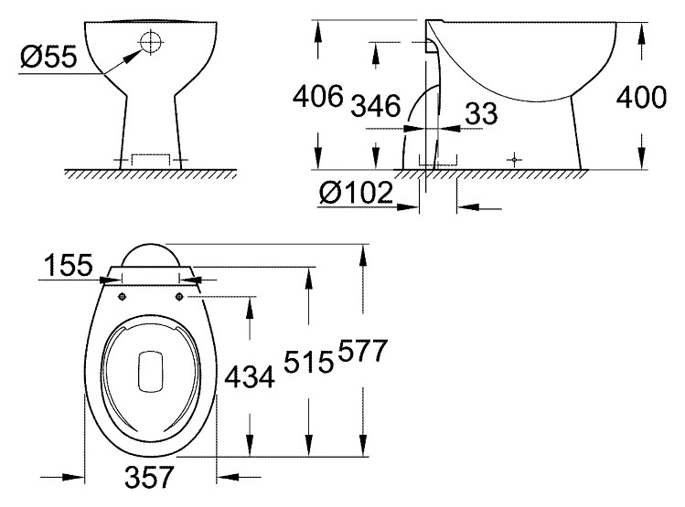 Grohe Bau Ceramic perem nélküli álló WC alsó kifolyású – műszaki rajz