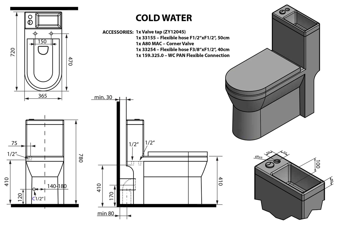 AQUALINE HYGIE monoblokkos WC, alsó/hátsó kifolyású, WC-ülőke nélkül, mosdóval – műszaki rajz
