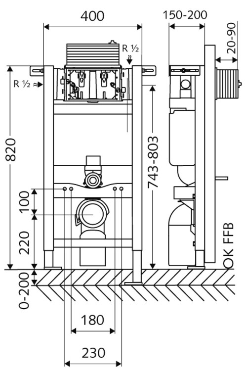SCHELL MONTUS 820 C WC-szerelőmodul – műszaki rajz