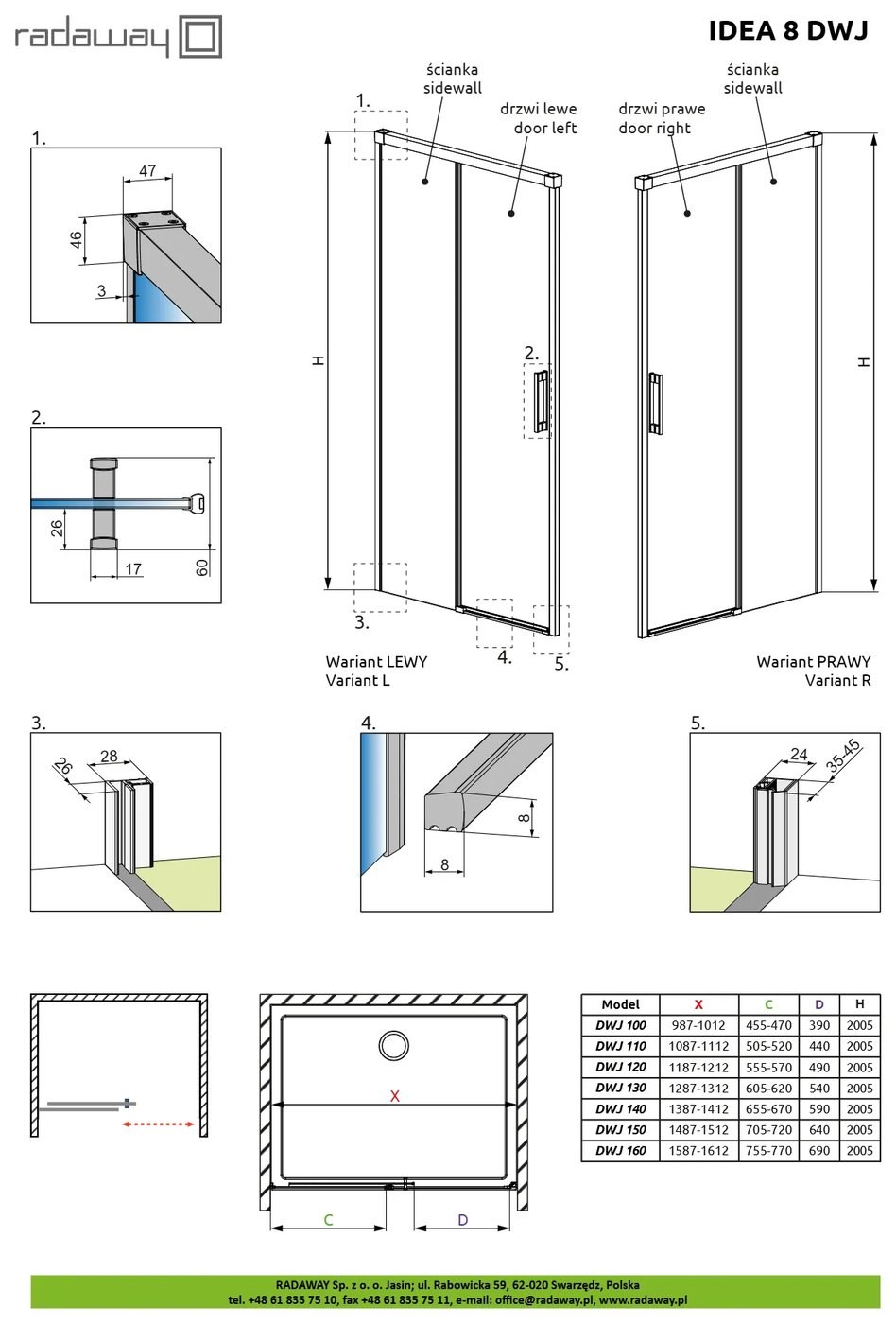 Radaway Idea 8 DWJ 140 B zuhanyajtó – műszaki rajz