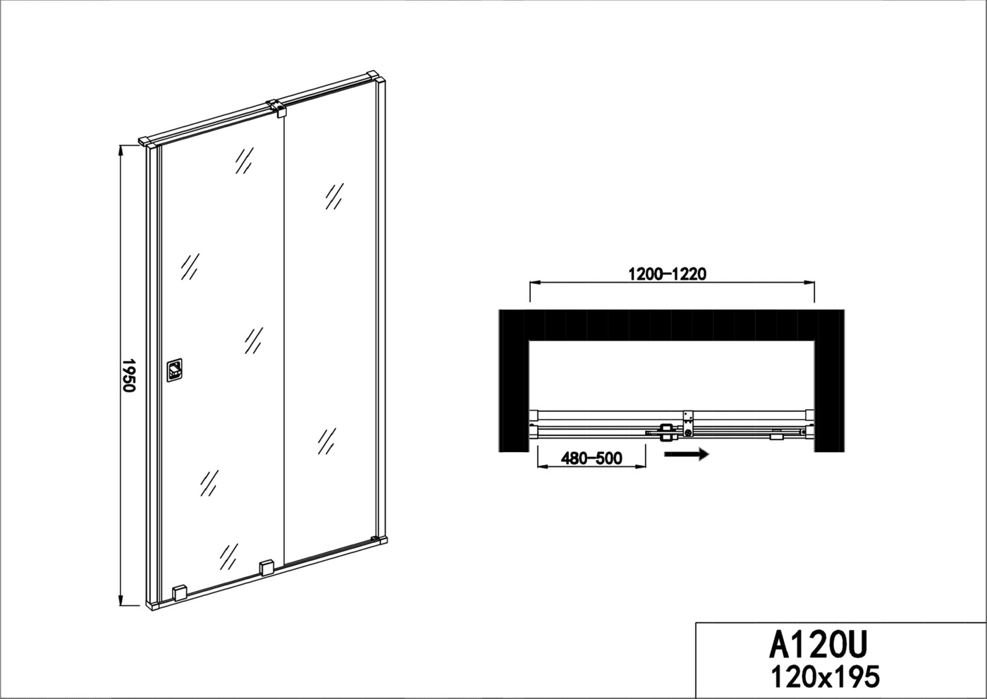 Sanotechnik PRESTIGE tolóajtó épített zuhanyfülkéhez 120 cm (A120U) – műszaki rajz