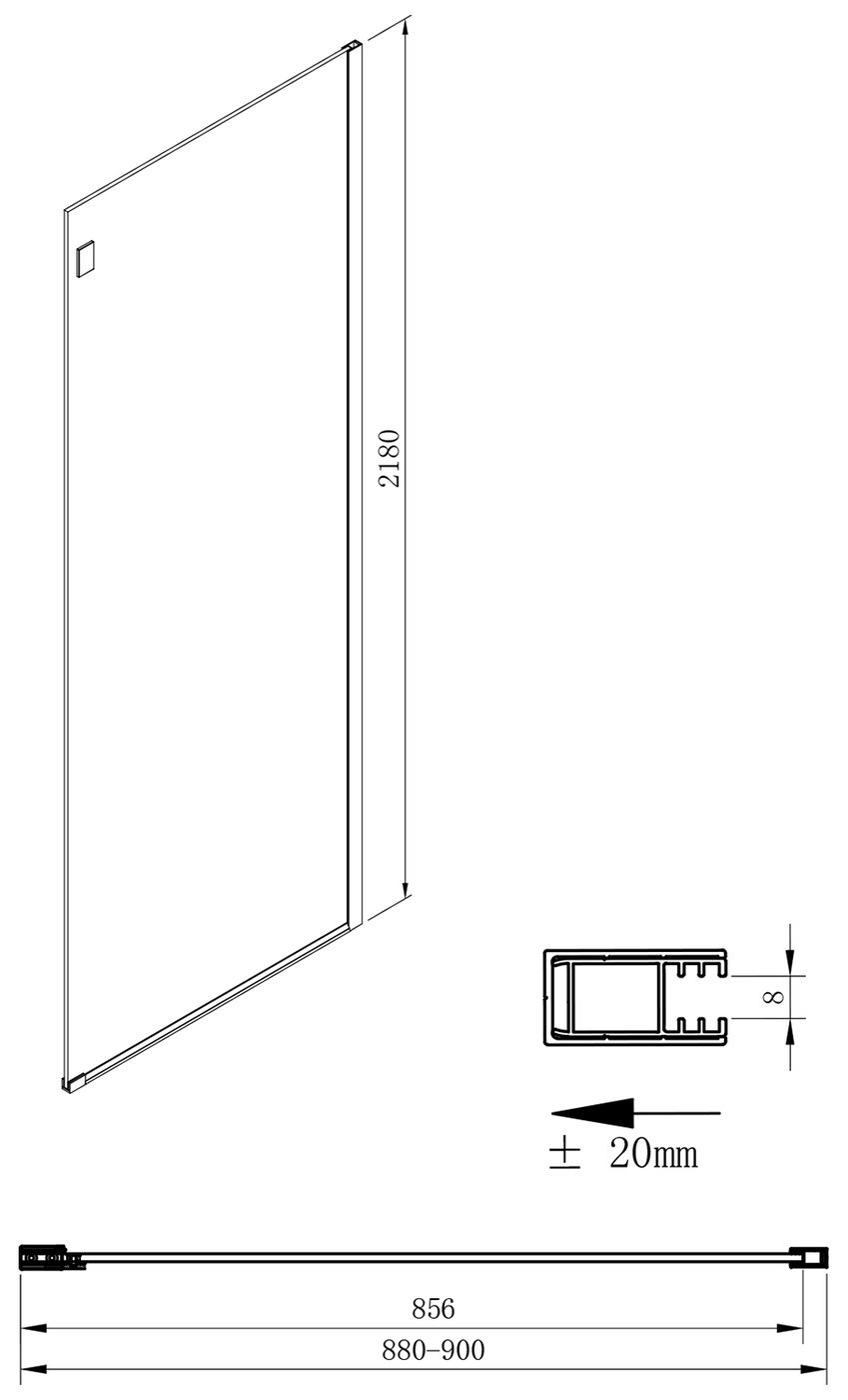 Gelco Volcano Black oldalfal, 90 cm – műszaki rajz