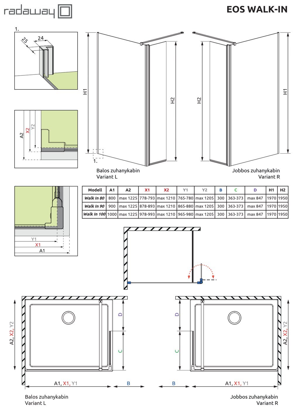 Radaway Eos Walk-in zuhanyfal – műszaki rajz (Eos Walk-In)
