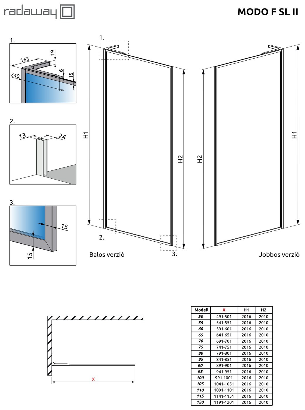 Radaway Modo F SL II Gold Walk-in arany zuhanyfal – műszaki rajz (Modo F SL II)