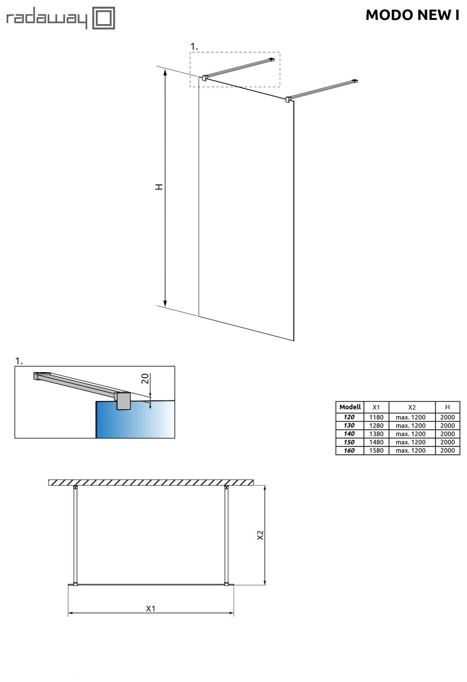 Radaway Modo New I Walk-In kabin – műszaki rajz (Modo New I)